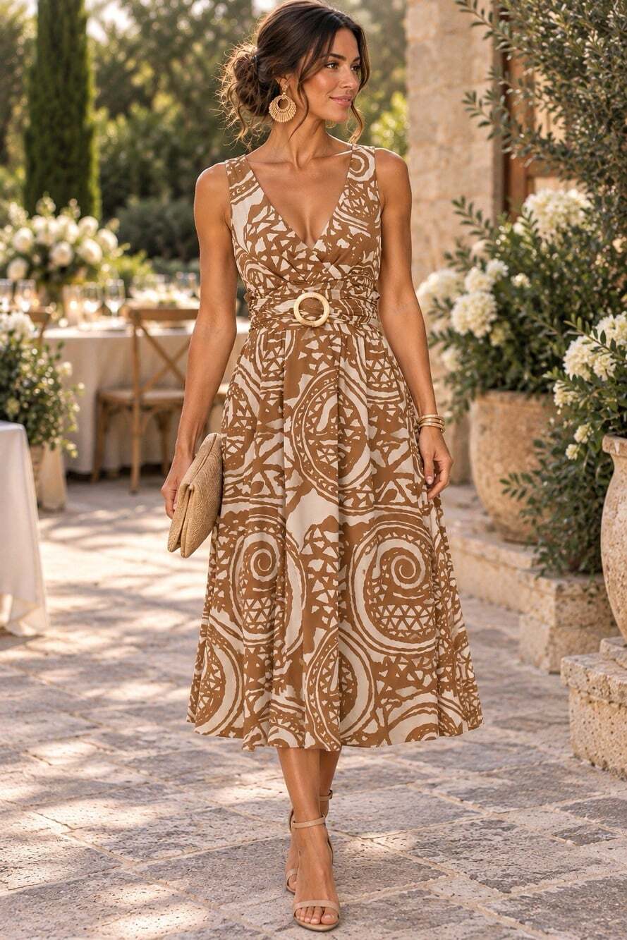 Kay Unger Silk Midi Dress 6 V-neck Ivory Tan Belted Sleeveless Wedding Pockets